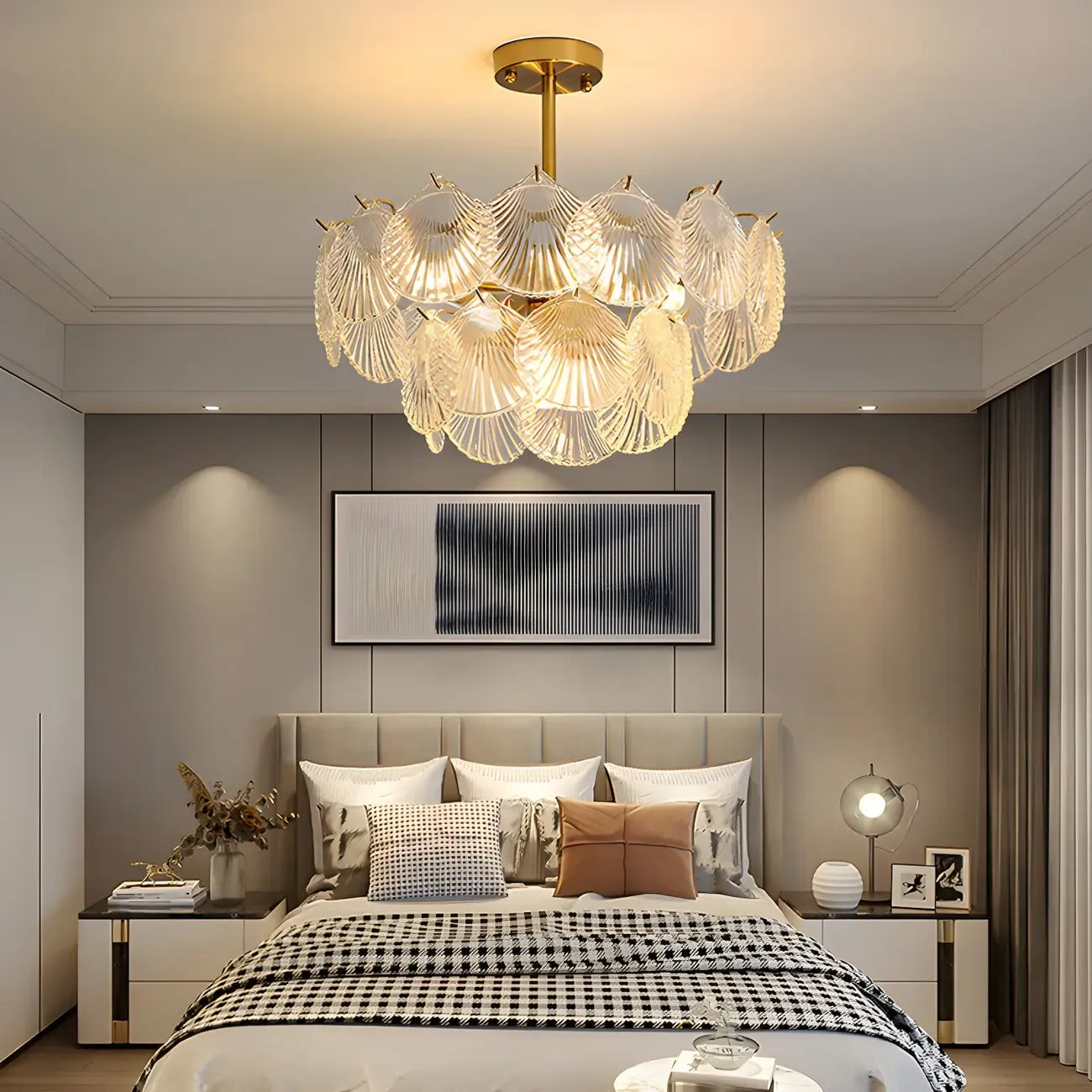 Adjustable Elegant Gold Unique Layered Scallop Glass Chandelier