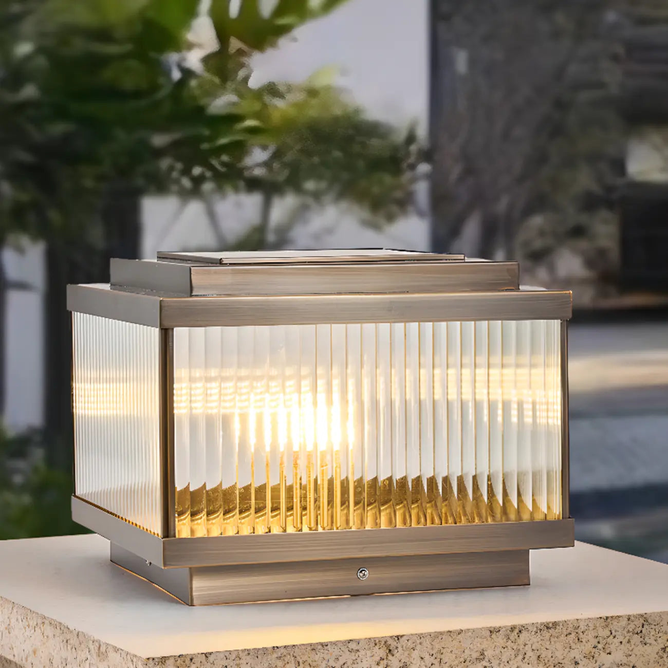 Modern Bronze Patterned Square Solar Outdoor Post Lights