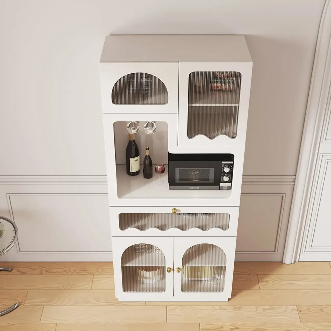 Tall White MDF Fluted Glass Doors Wine storage Sideboard