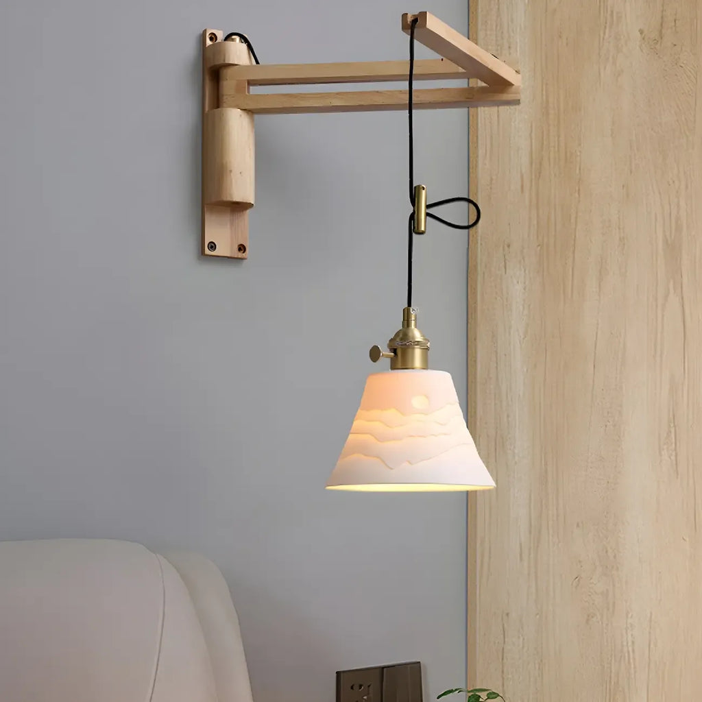 Rustic Cylinder Wall Sconce with Wood Arm for Bedroom Decor