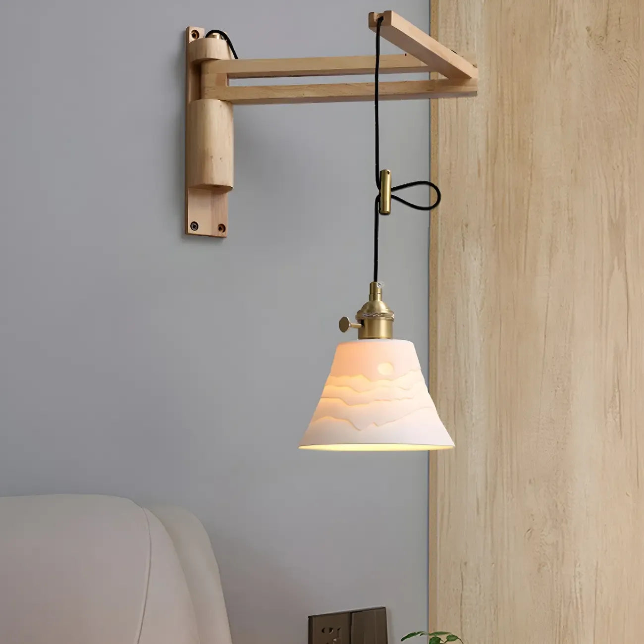 Rustic Cylinder Wall Sconce with Wood Arm for Bedroom Decor