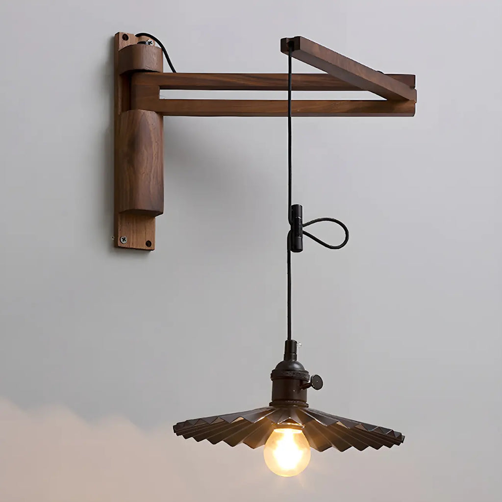 Rustic Cylinder Wall Sconce with Wood Arm for Bedroom Decor