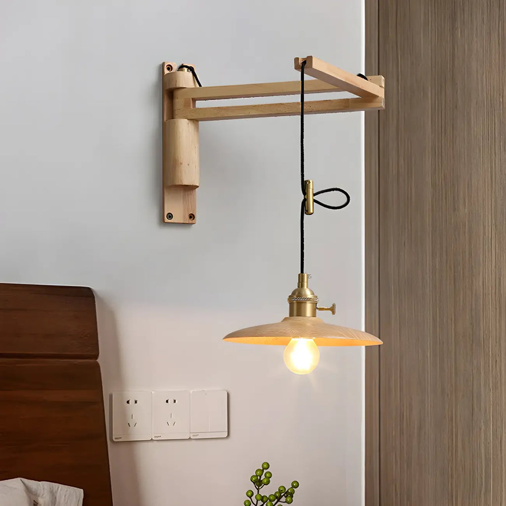 Rustic Cylinder Wall Sconce with Wood Arm for Bedroom Decor