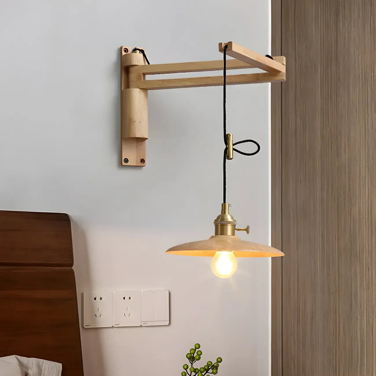 Rustic Cylinder Wall Sconce with Wood Arm for Bedroom Decor