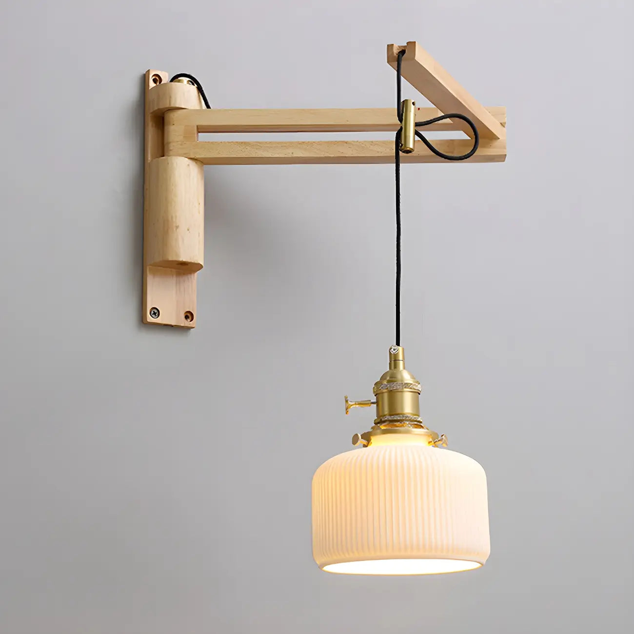 Rustic Cylinder Wall Sconce with Wood Arm for Bedroom Decor