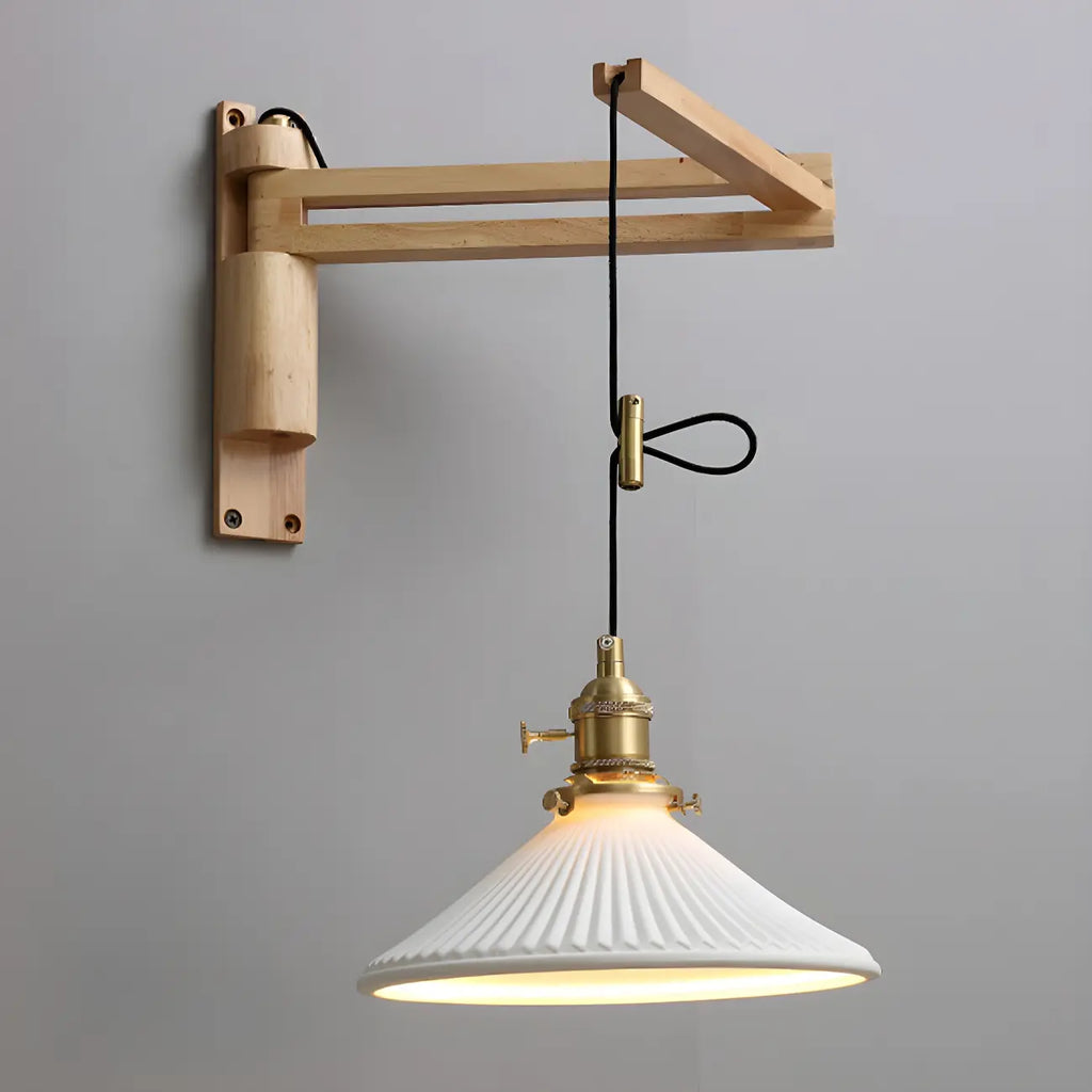 Rustic Cylinder Wall Sconce with Wood Arm for Bedroom Decor