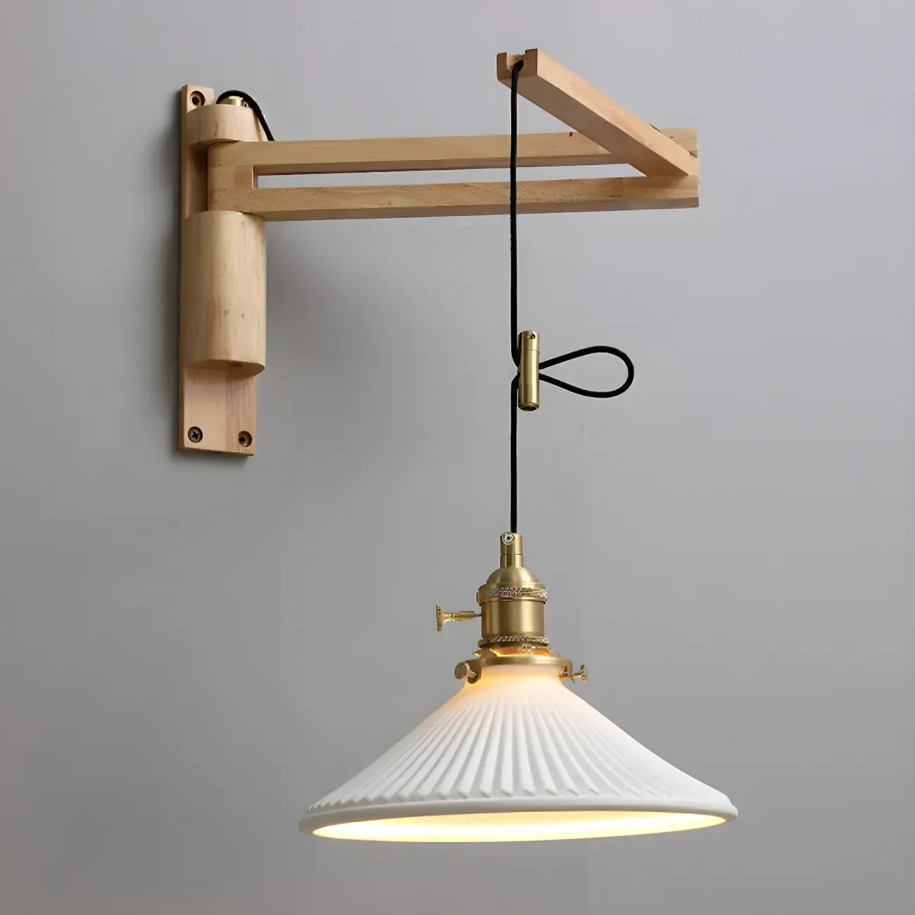 Rustic Cylinder Wall Sconce with Wood Arm for Bedroom Decor