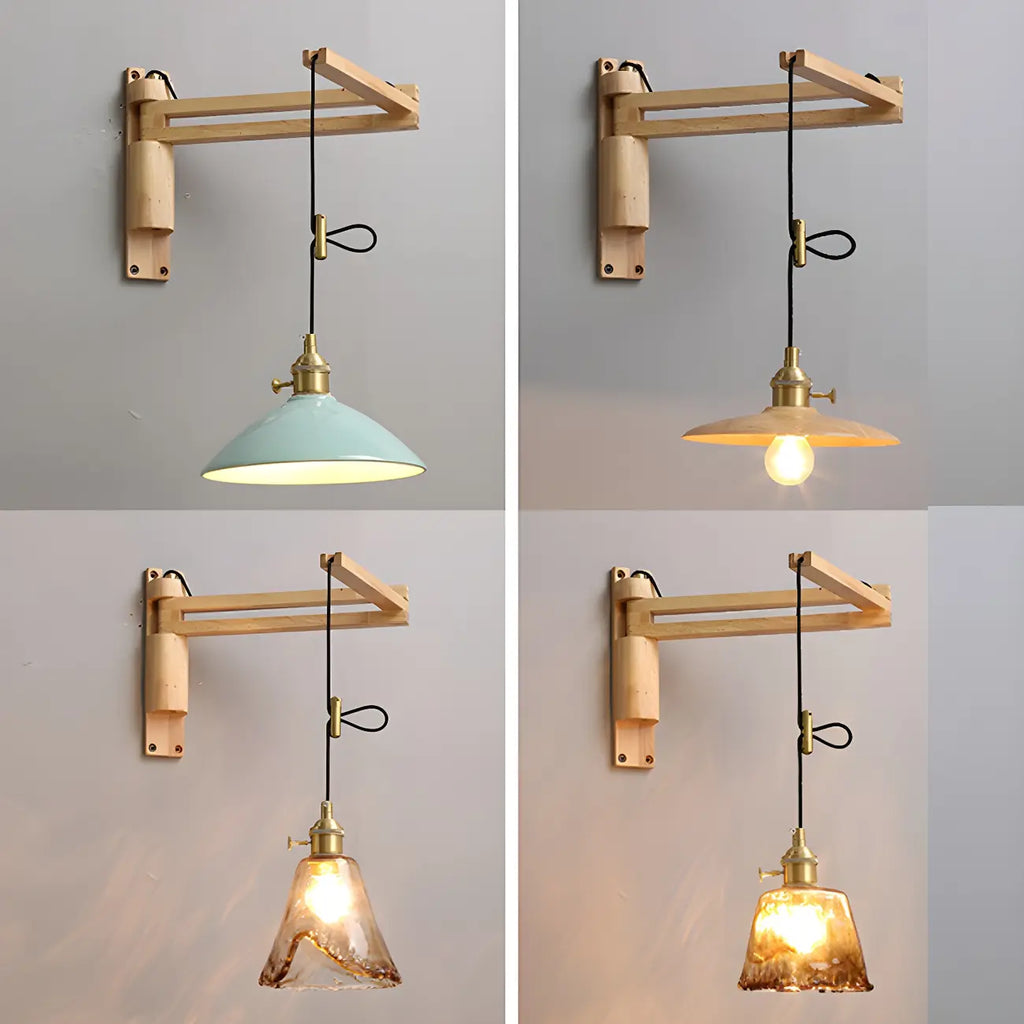 Rustic Cylinder Wall Sconce with Wood Arm for Bedroom Decor