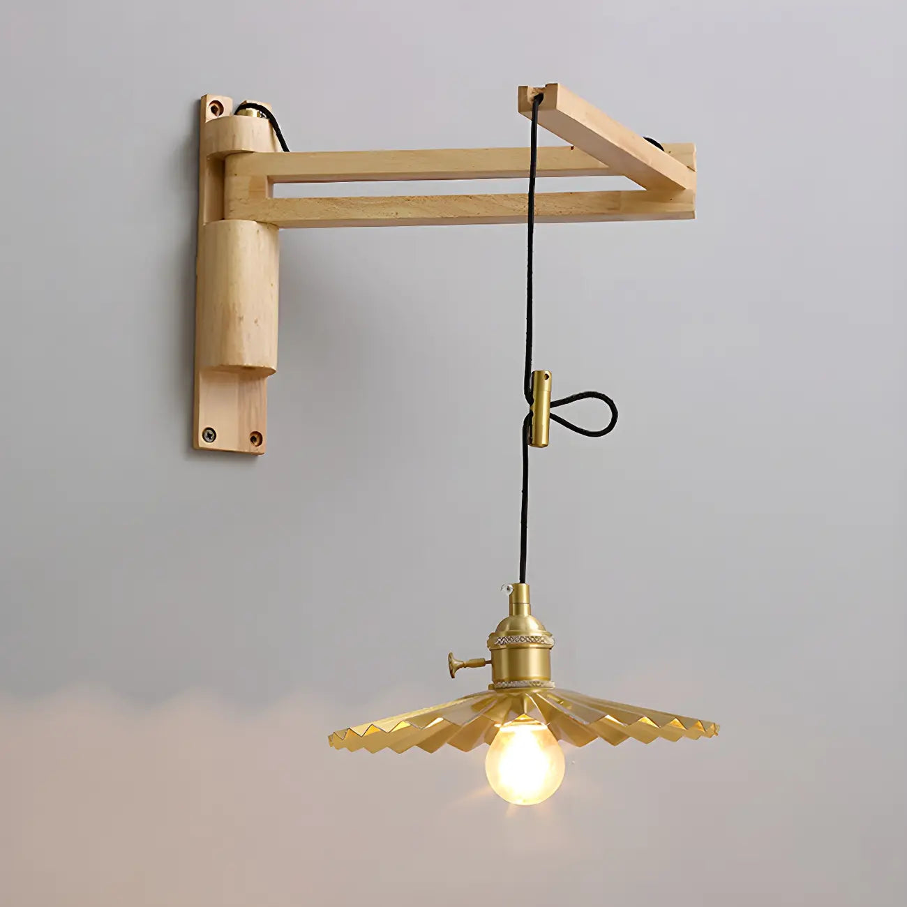 Rustic Cylinder Wall Sconce with Wood Arm for Bedroom Decor