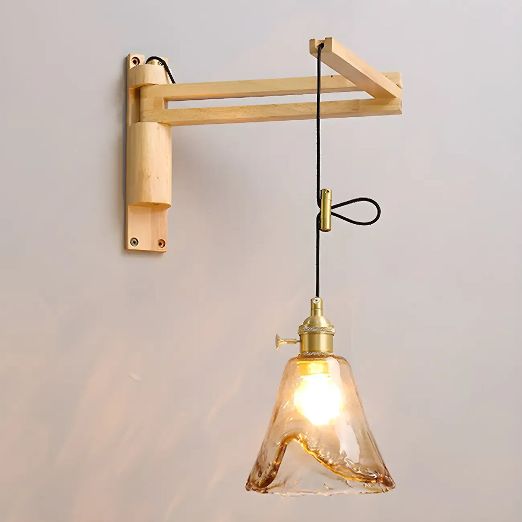 Rustic Cylinder Wall Sconce with Wood Arm for Bedroom Decor