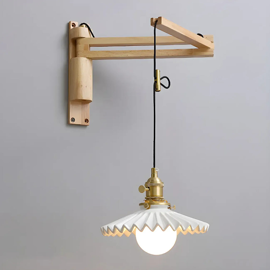 Rustic Cylinder Wall Sconce with Wood Arm for Bedroom Decor