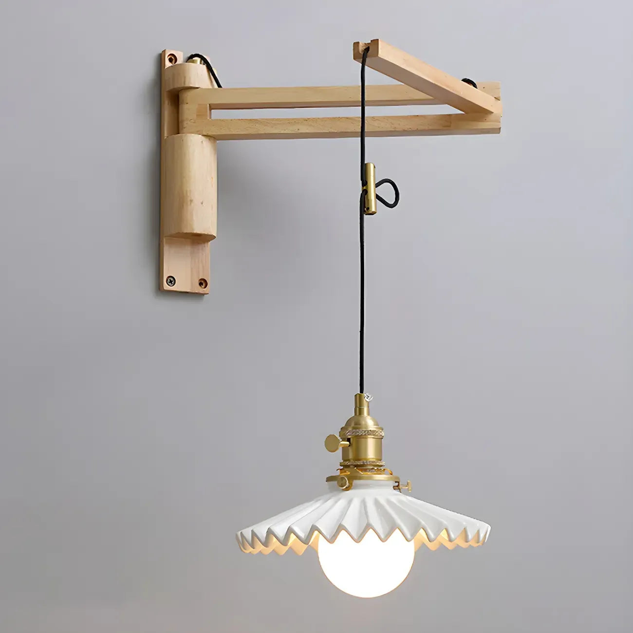 Rustic Cylinder Wall Sconce with Wood Arm for Bedroom Decor