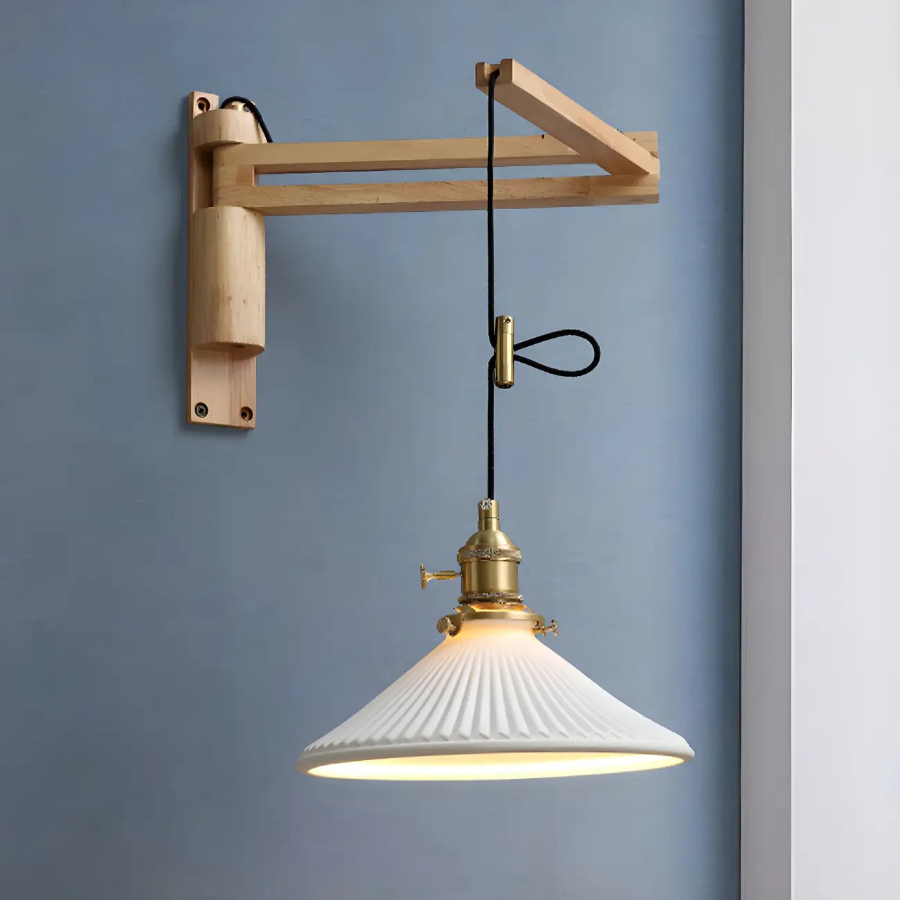 Rustic Cylinder Wall Sconce with Wood Arm for Bedroom Decor