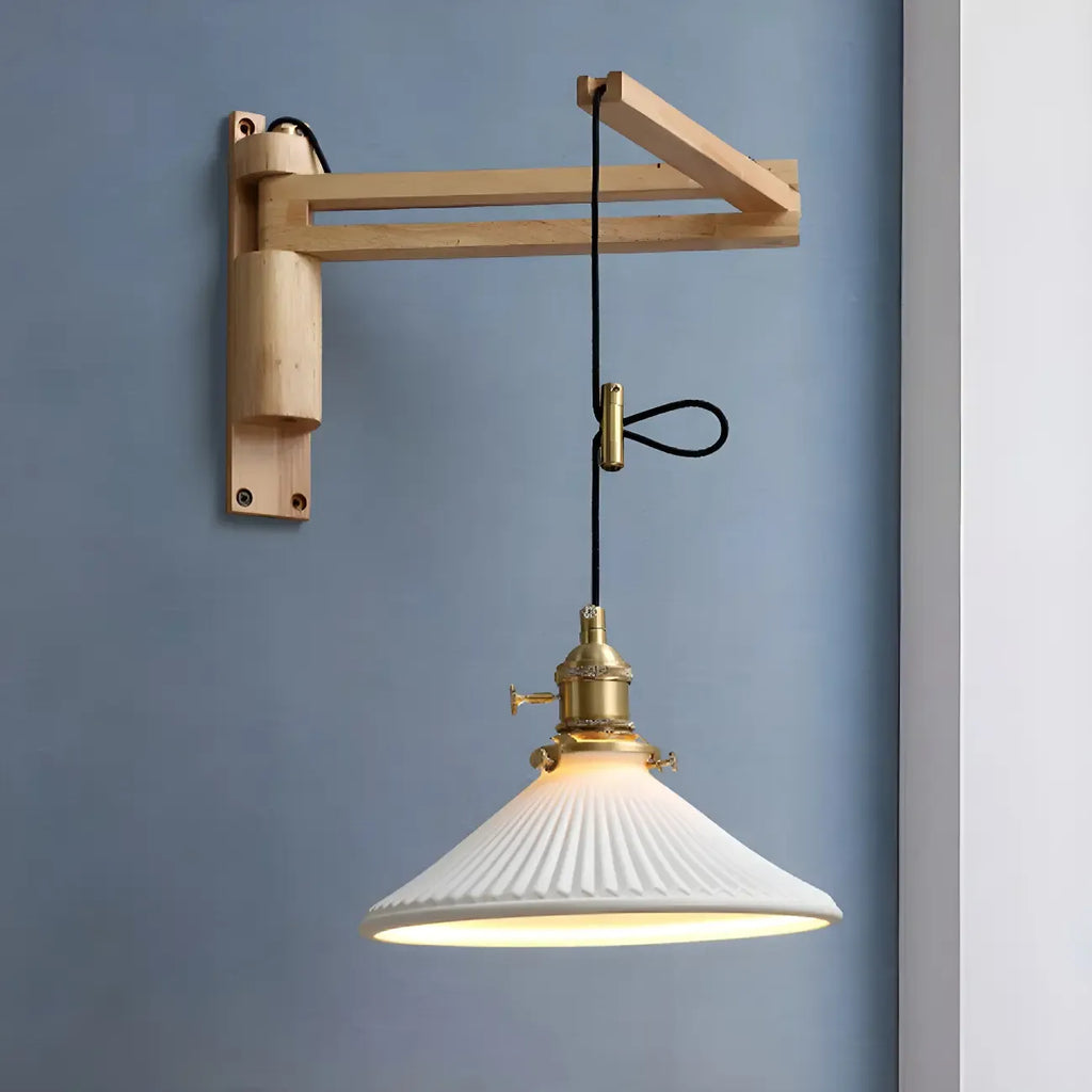 Rustic Cylinder Wall Sconce with Wood Arm for Bedroom Decor