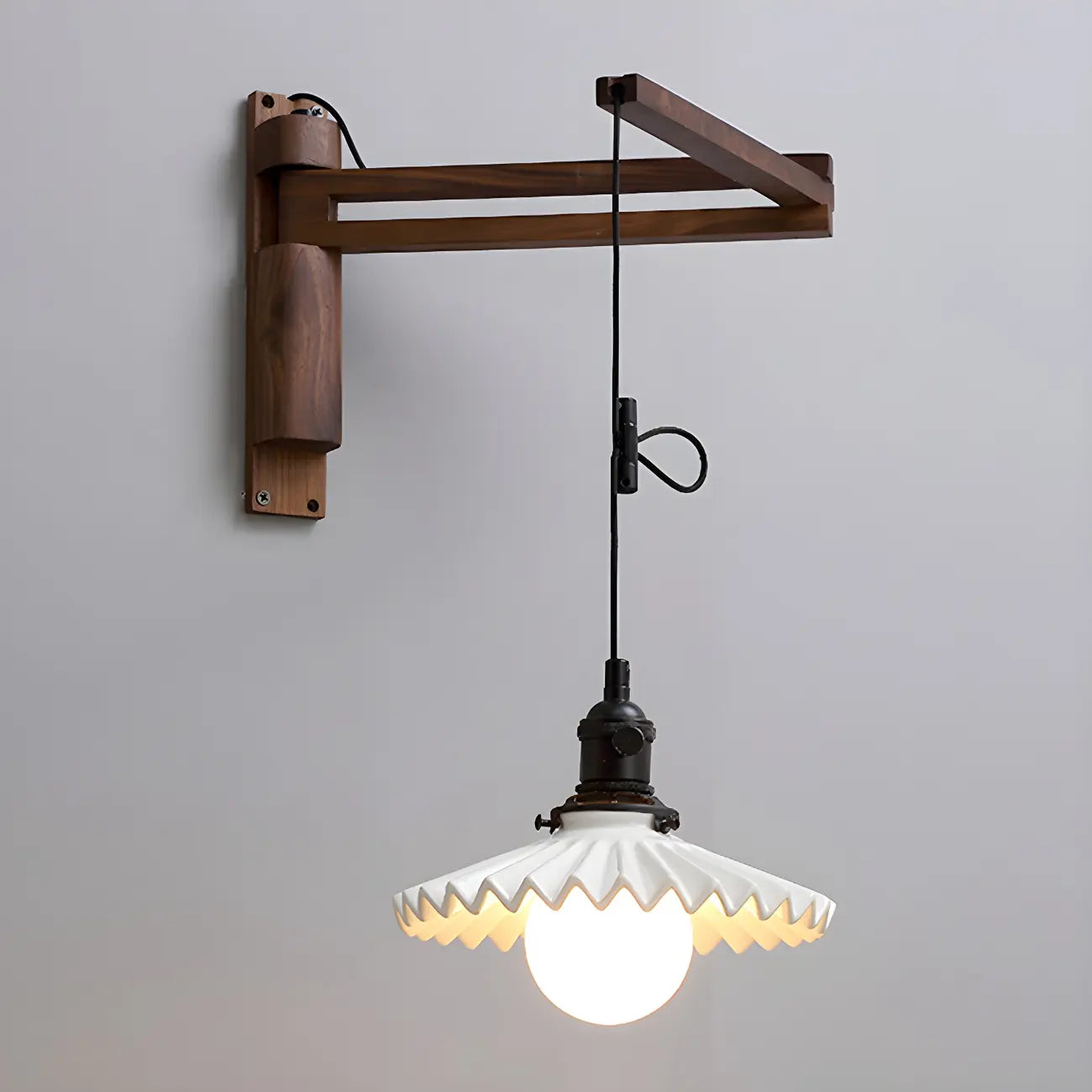 Rustic Cylinder Wall Sconce with Wood Arm for Bedroom Decor