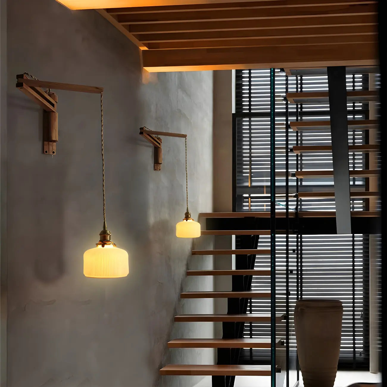 Rustic Cylinder Wall Sconce with Wood Arm for Bedroom Decor