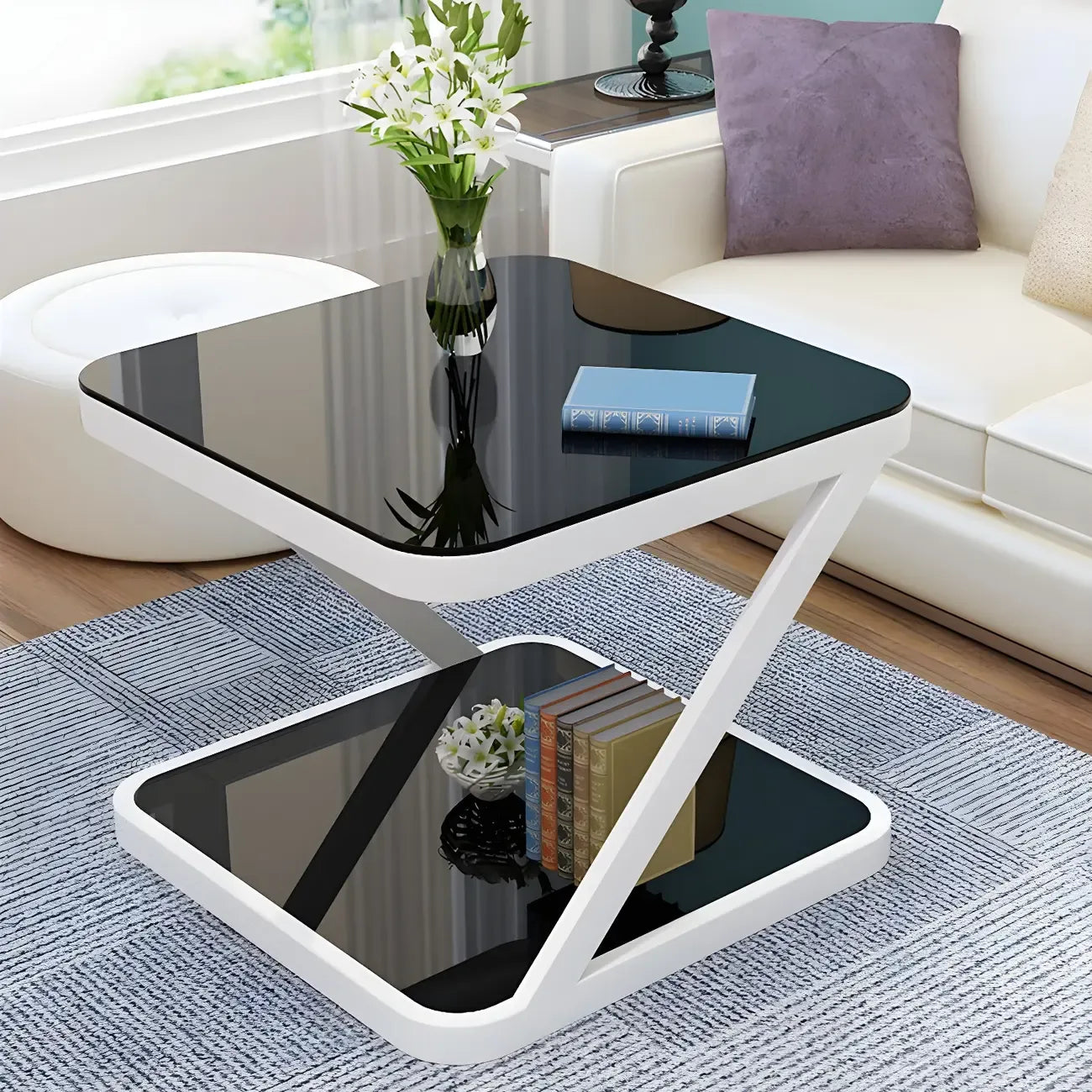 2-Tier Black Glass End Table with Storage for Living Room