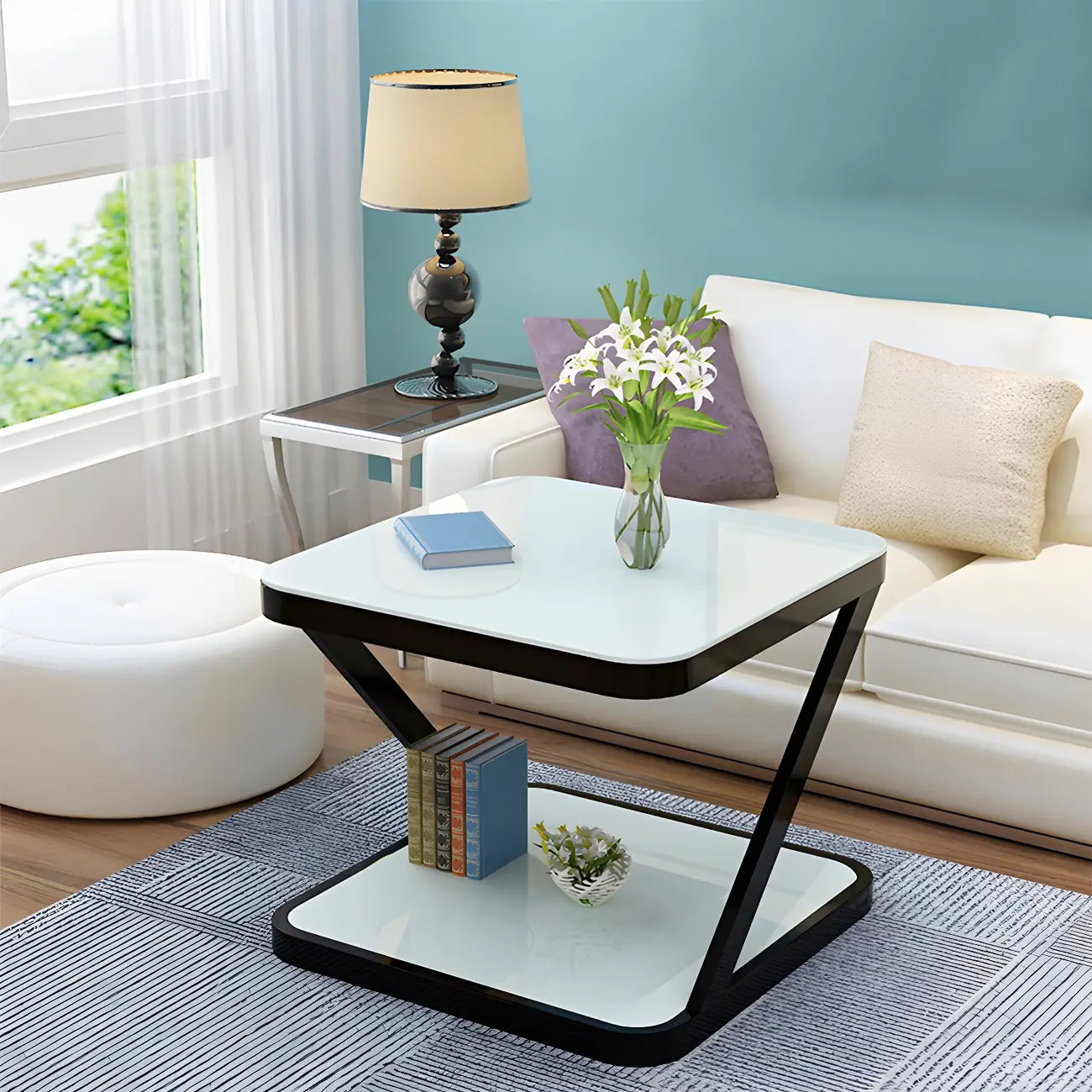 2-Tier Black Glass End Table with Storage for Living Room