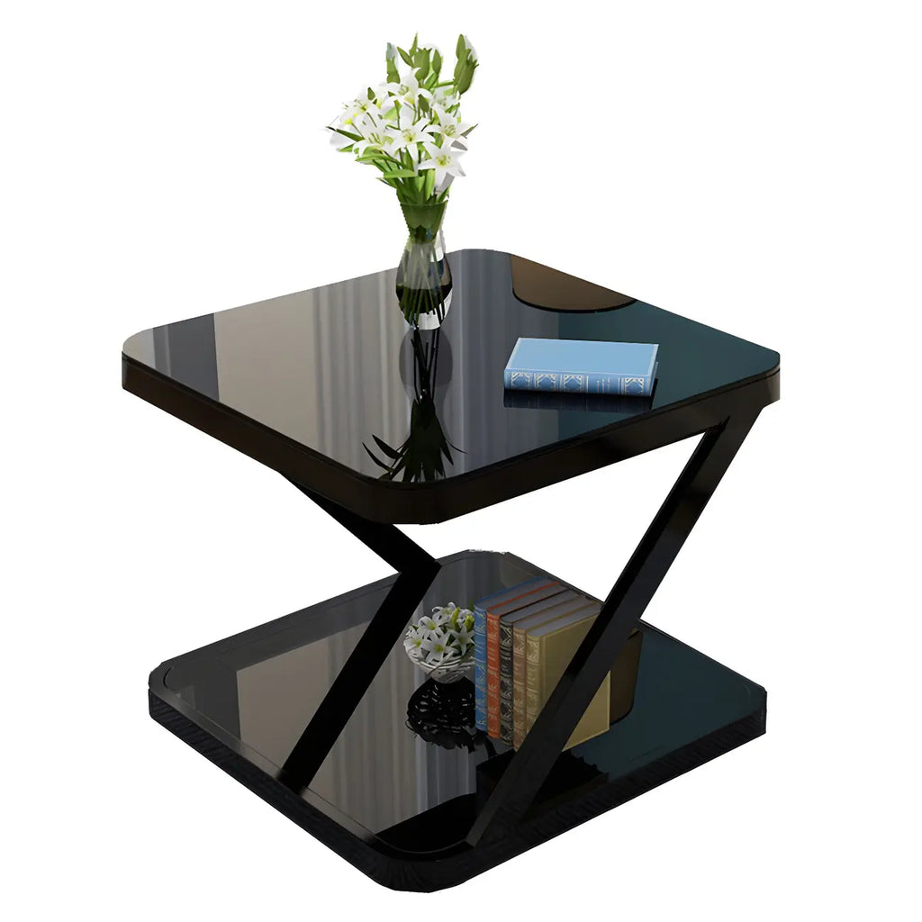 2-Tier Black Glass End Table with Storage for Living Room