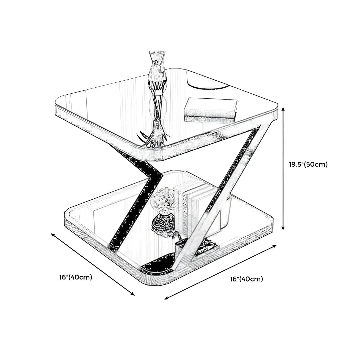 2-Tier Black Glass End Table with Storage for Living Room