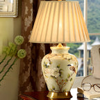 HomeyFad Classical Light Yellow Fabric Shade Floral Ceramic Table Lamp