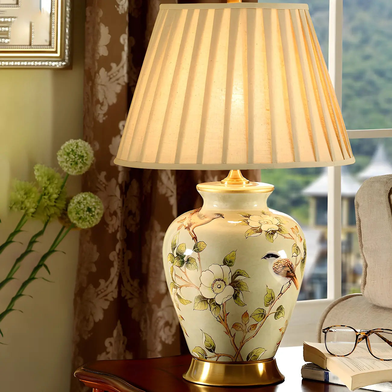 HomeyFad Classical Light Yellow Fabric Shade Floral Ceramic Table Lamp