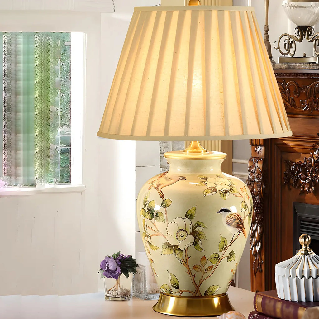 HomeyFad Classical Light Yellow Fabric Shade Floral Ceramic Table Lamp