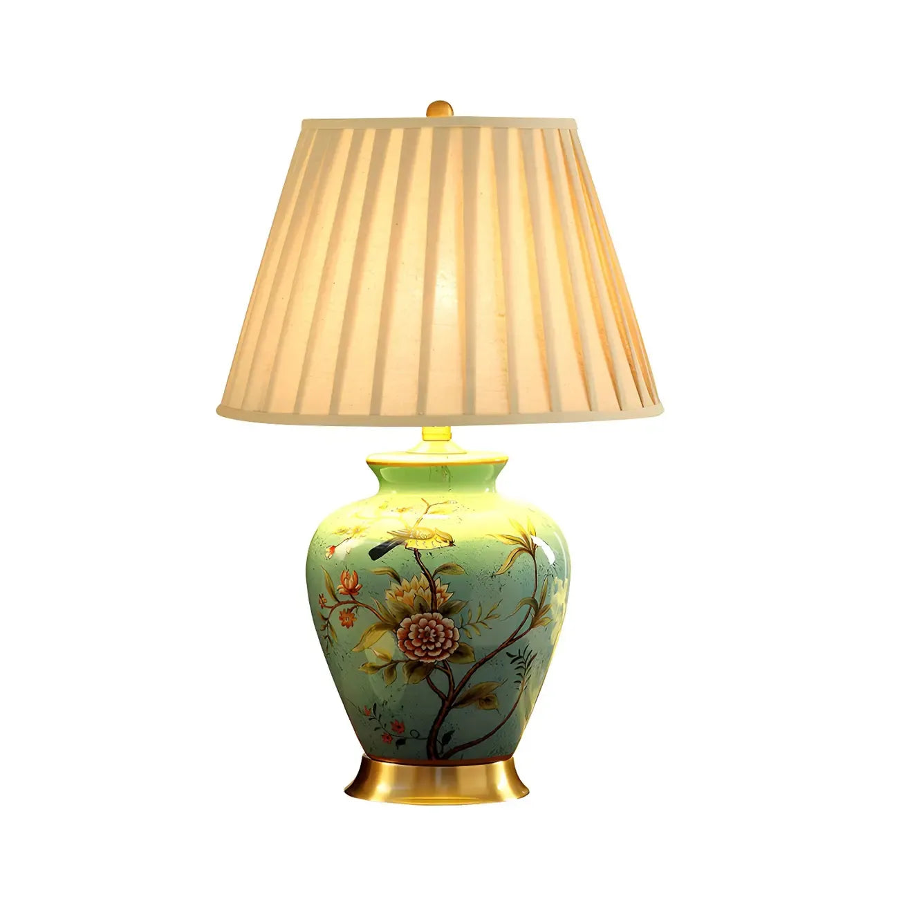 HomeyFad Classical Light Yellow Fabric Shade Floral Ceramic Table Lamp