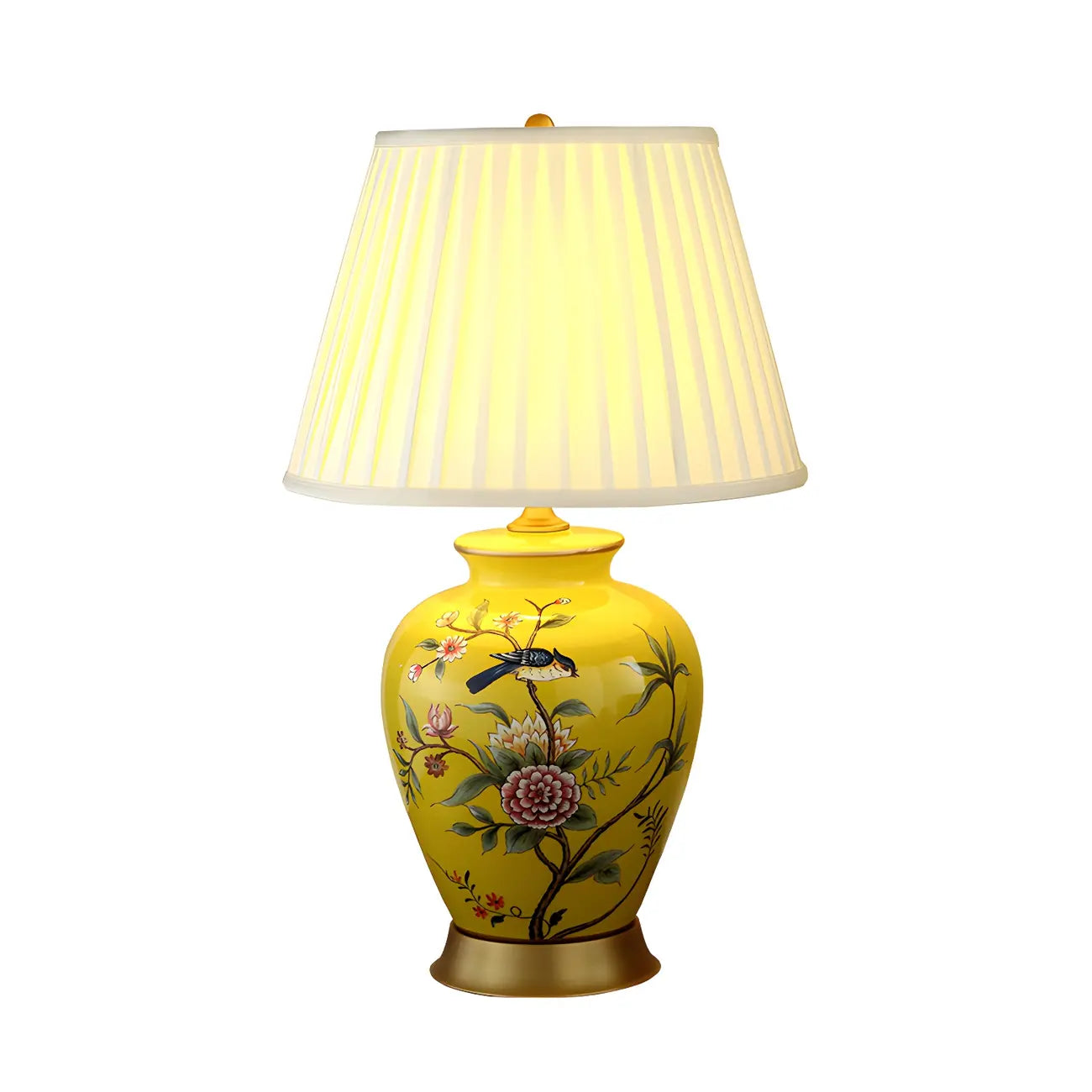 HomeyFad Classical Light Yellow Fabric Shade Floral Ceramic Table Lamp