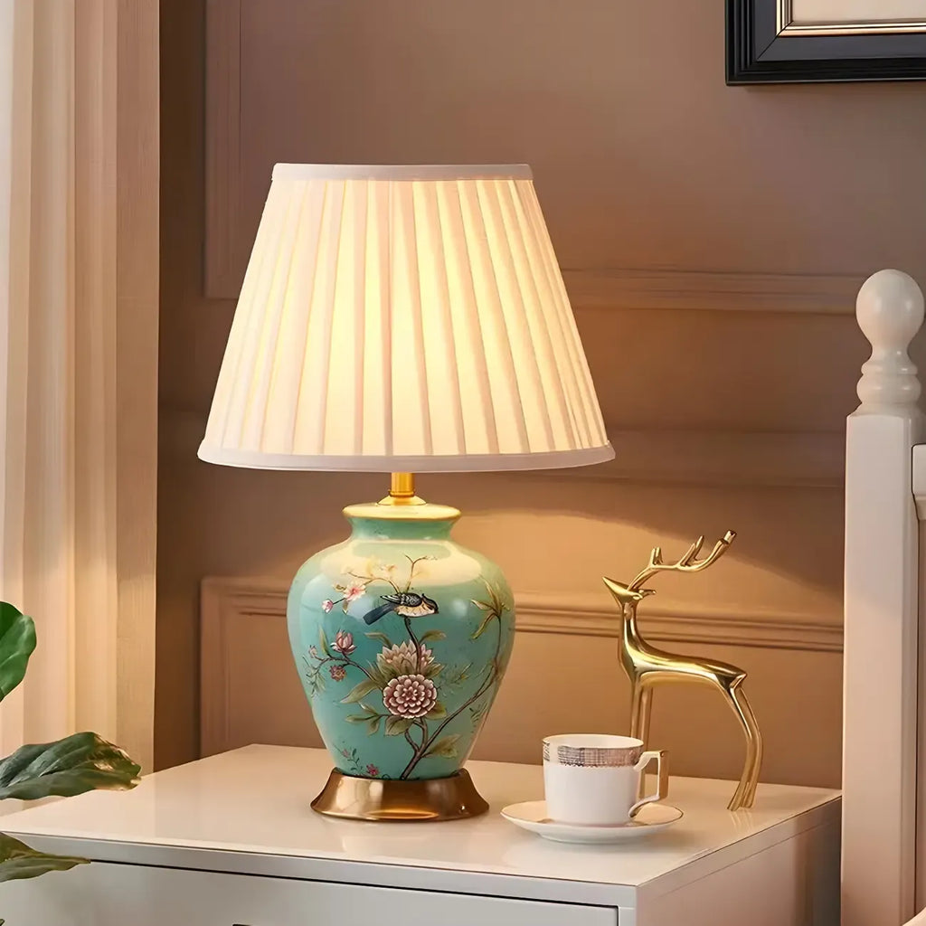 HomeyFad Classical Light Yellow Fabric Shade Floral Ceramic Table Lamp
