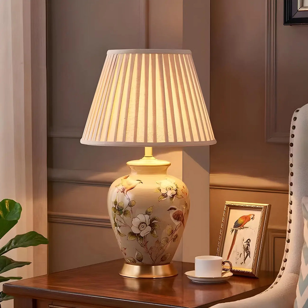 HomeyFad Classical Light Yellow Fabric Shade Floral Ceramic Table Lamp