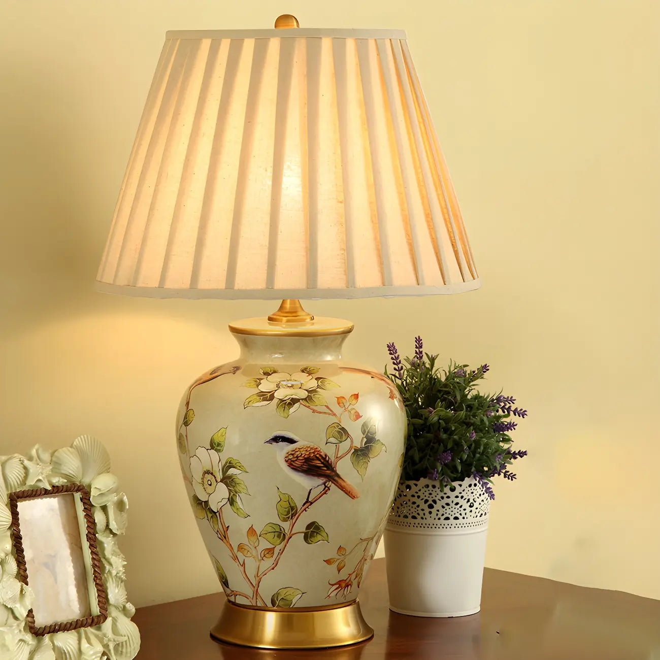 HomeyFad Classical Light Yellow Fabric Shade Floral Ceramic Table Lamp