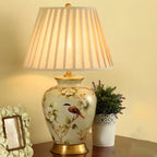 HomeyFad Classical Light Yellow Fabric Shade Floral Ceramic Table Lamp