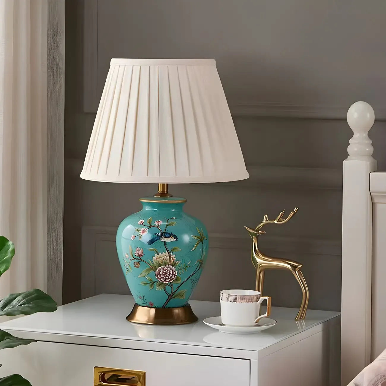 HomeyFad Classical Light Yellow Fabric Shade Floral Ceramic Table Lamp