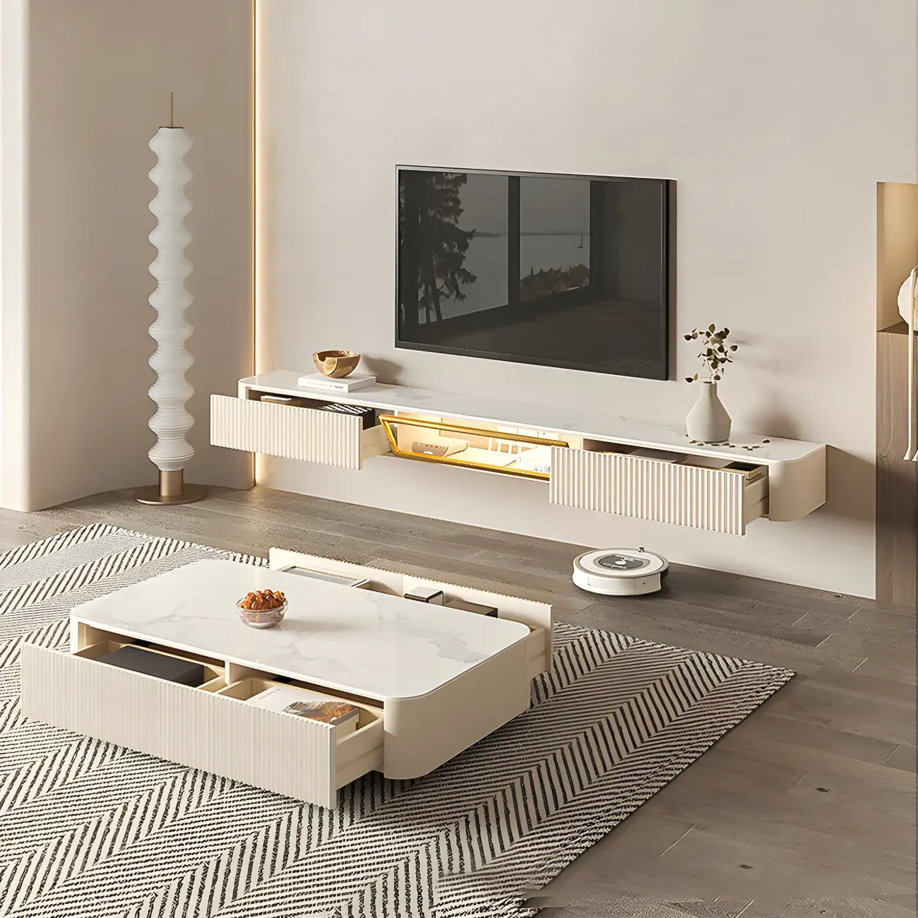 71 Beige Stone Floating TV Stand with Cable Management