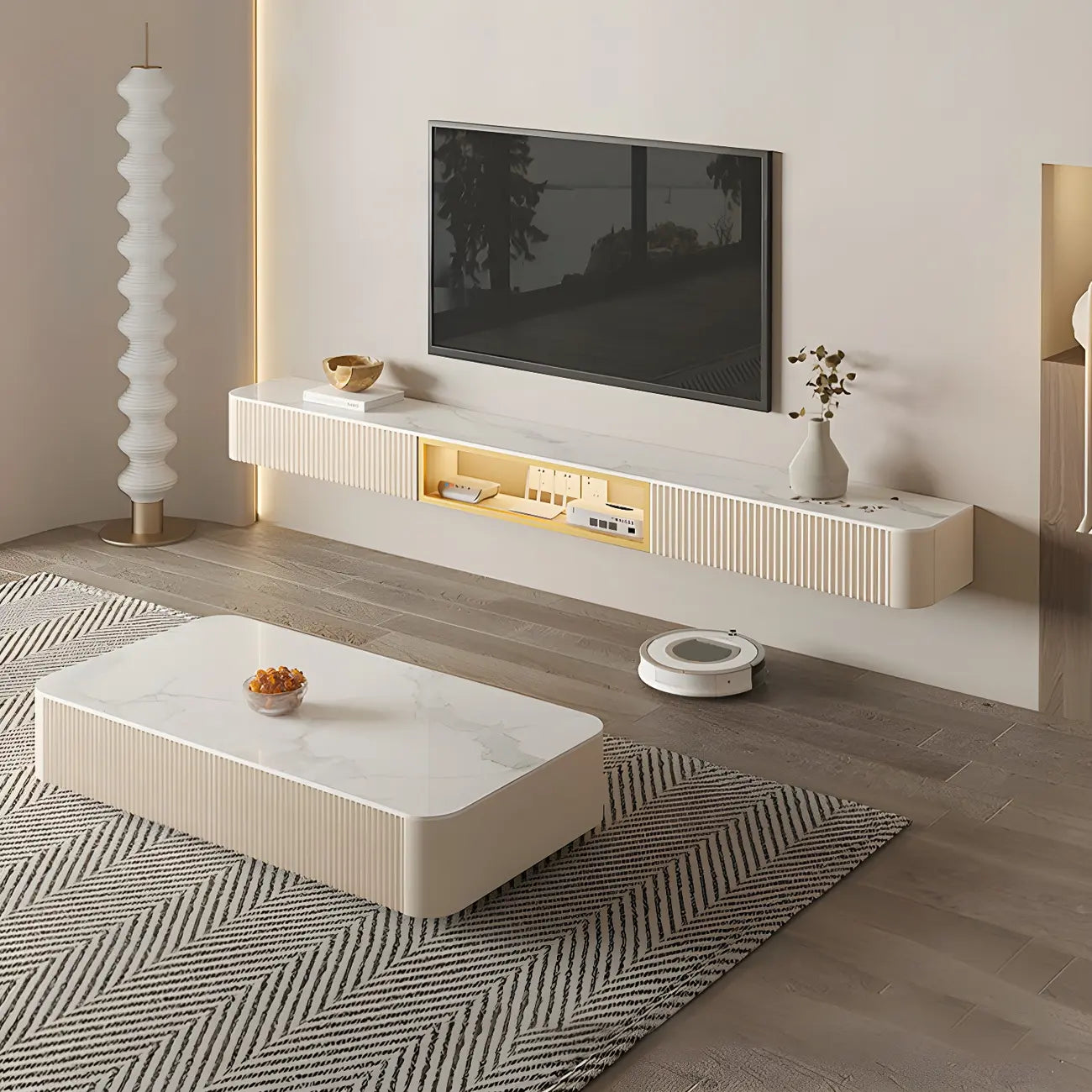 71 Beige Stone Floating TV Stand with Cable Management