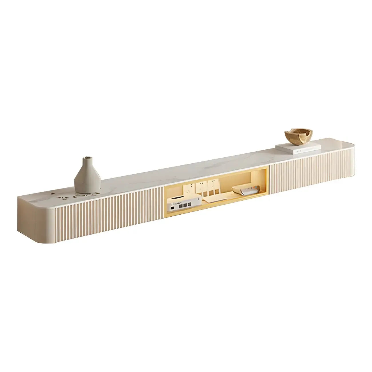 71 Beige Stone Floating TV Stand with Cable Management