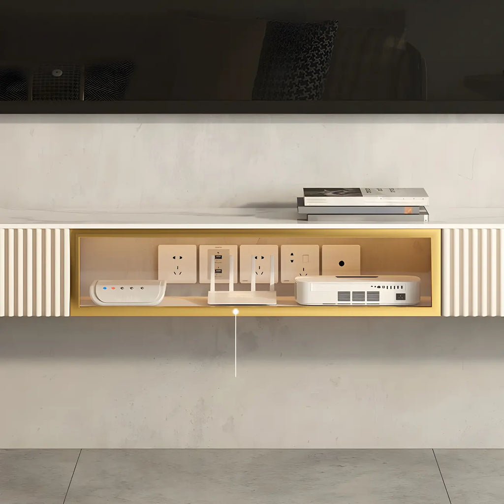 71 Beige Stone Floating TV Stand with Cable Management
