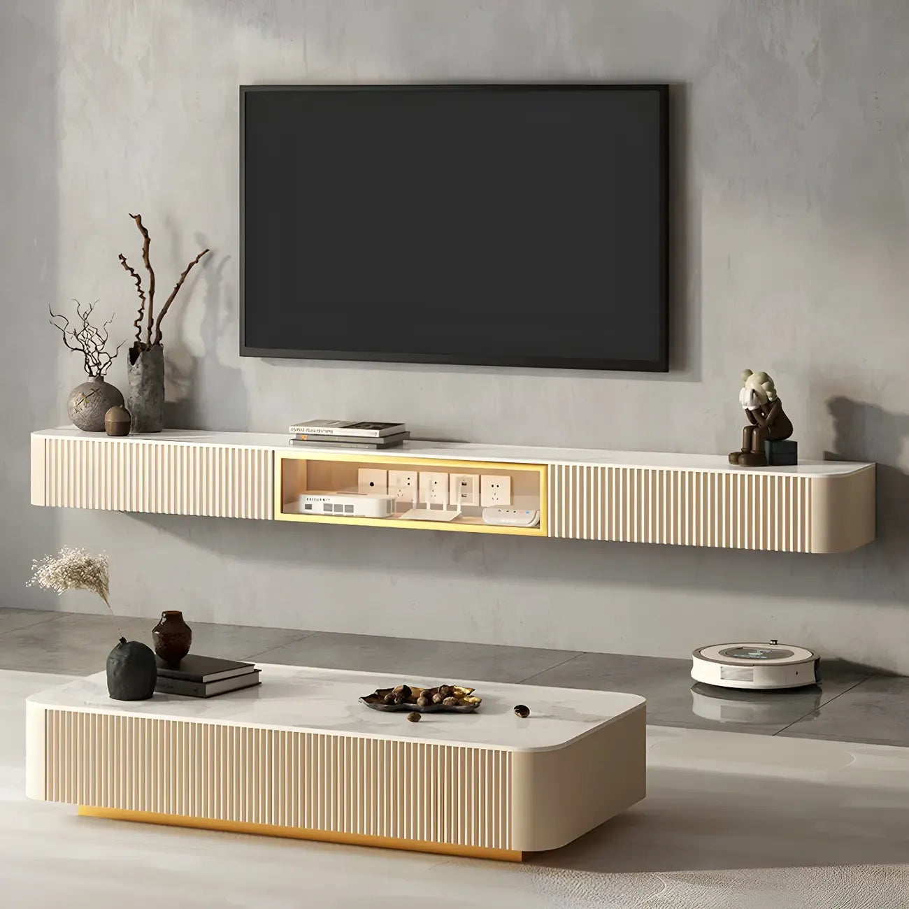 71 Beige Stone Floating TV Stand with Cable Management