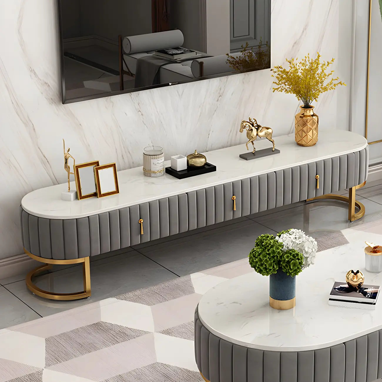 79 Glam Grey Marble Storage TV Stand with Legs