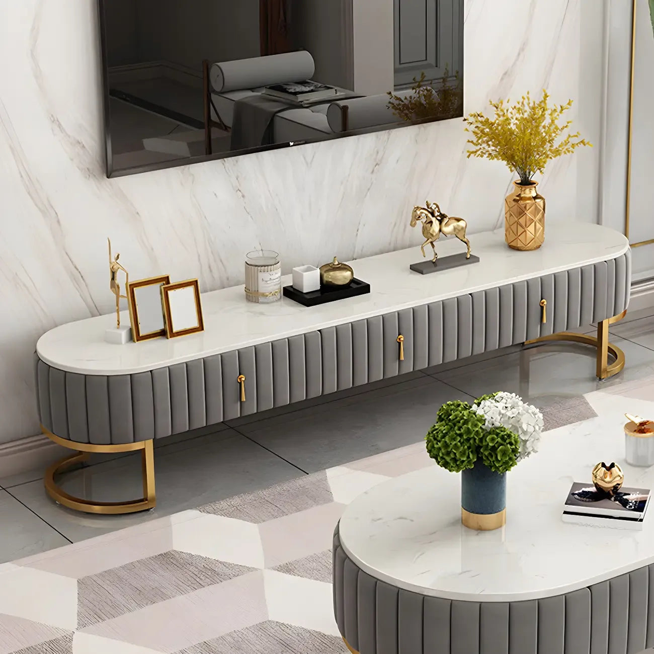 79 Glam Grey Marble Storage TV Stand with Legs