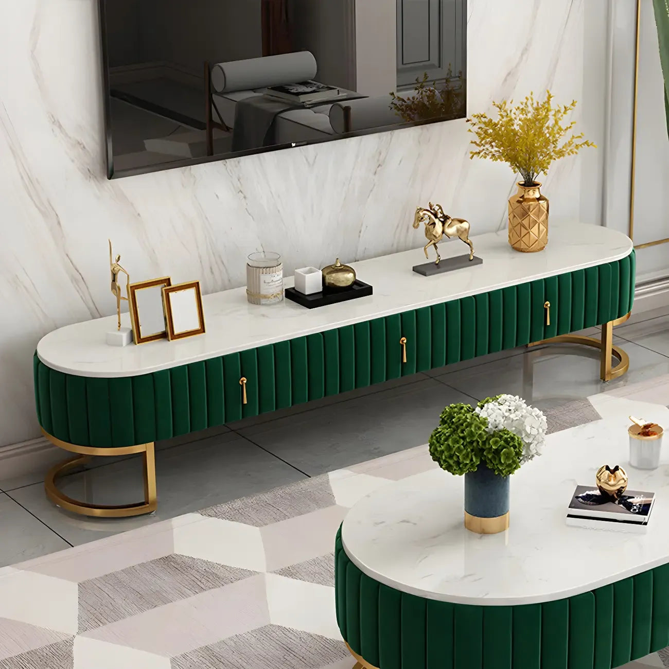 79 Glam Grey Marble Storage TV Stand with Legs