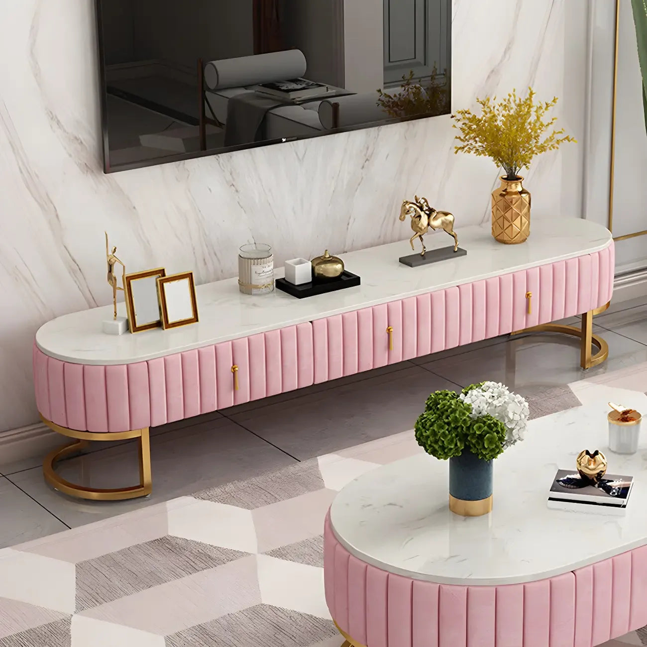 79 Glam Grey Marble Storage TV Stand with Legs