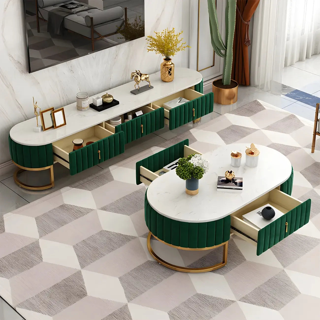 79 Glam Grey Marble Storage TV Stand with Legs