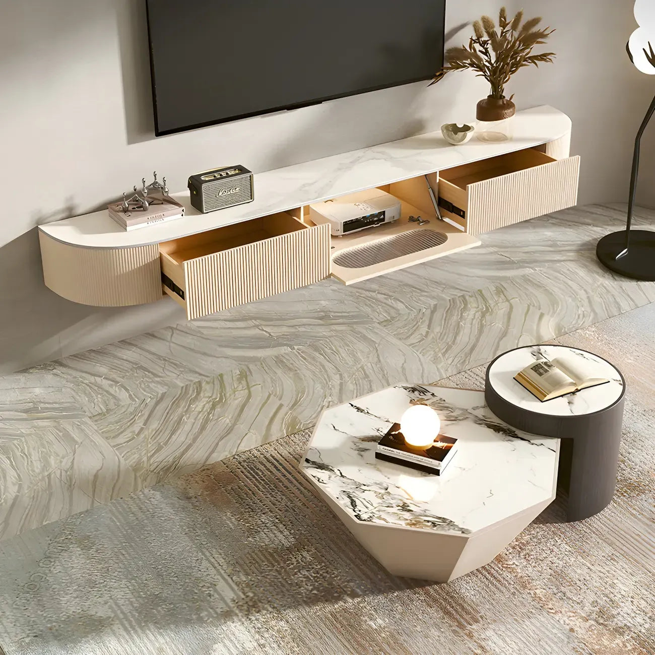 Modern Stone Floating TV Stand with 2-Drawers for Living Room