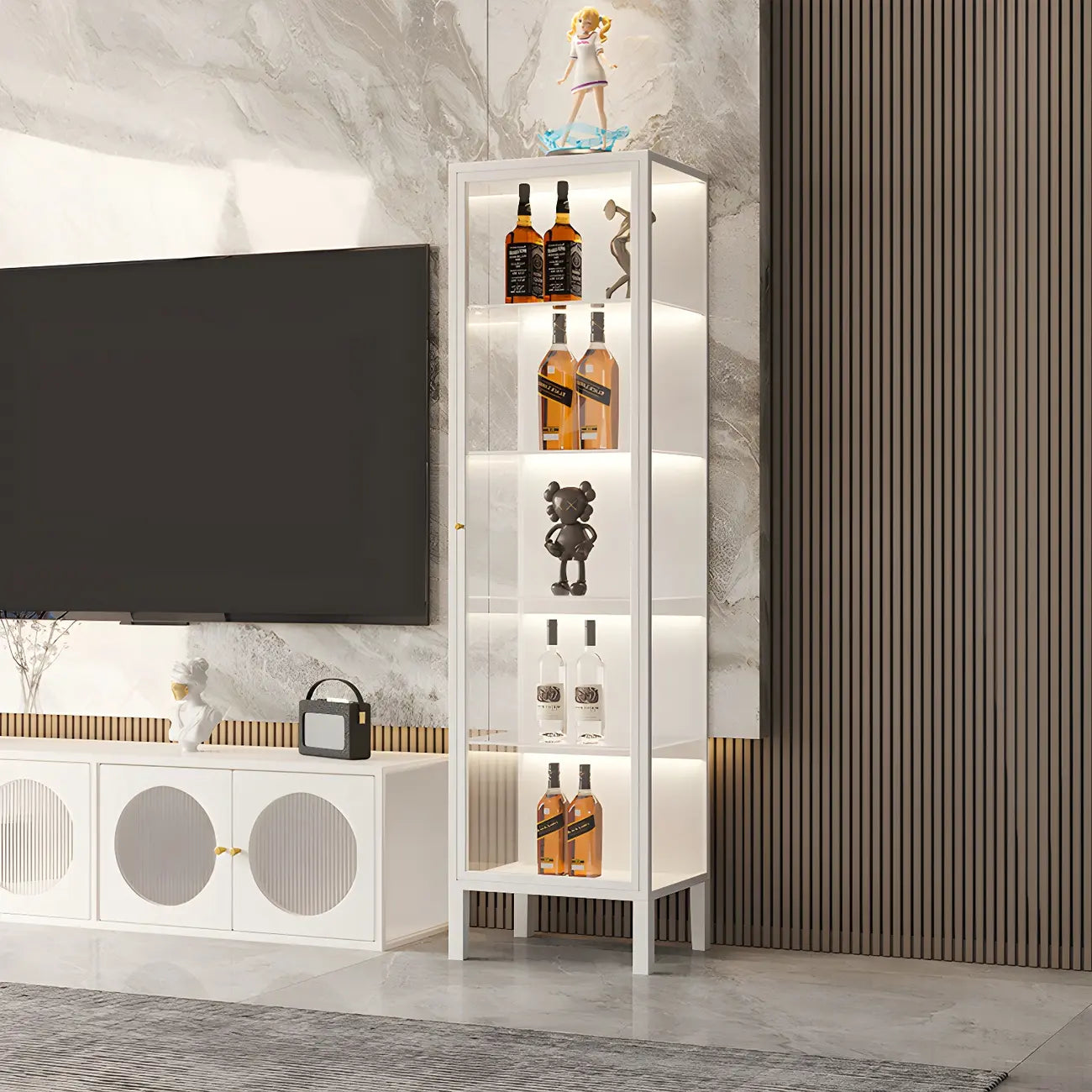 Living Room White Metal Frame Glass Doors Display Cabinet