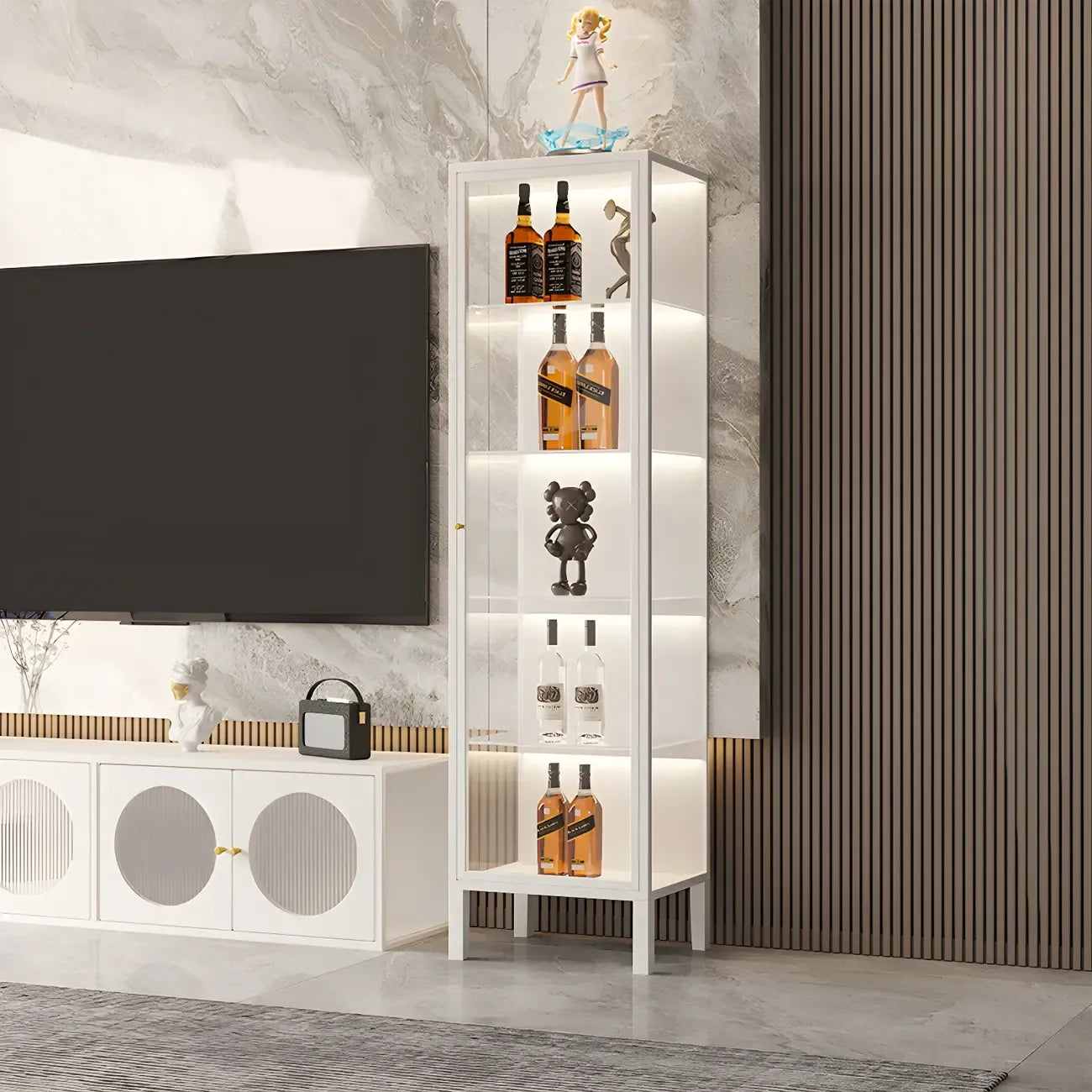 Living Room White Metal Frame Glass Doors Display Cabinet