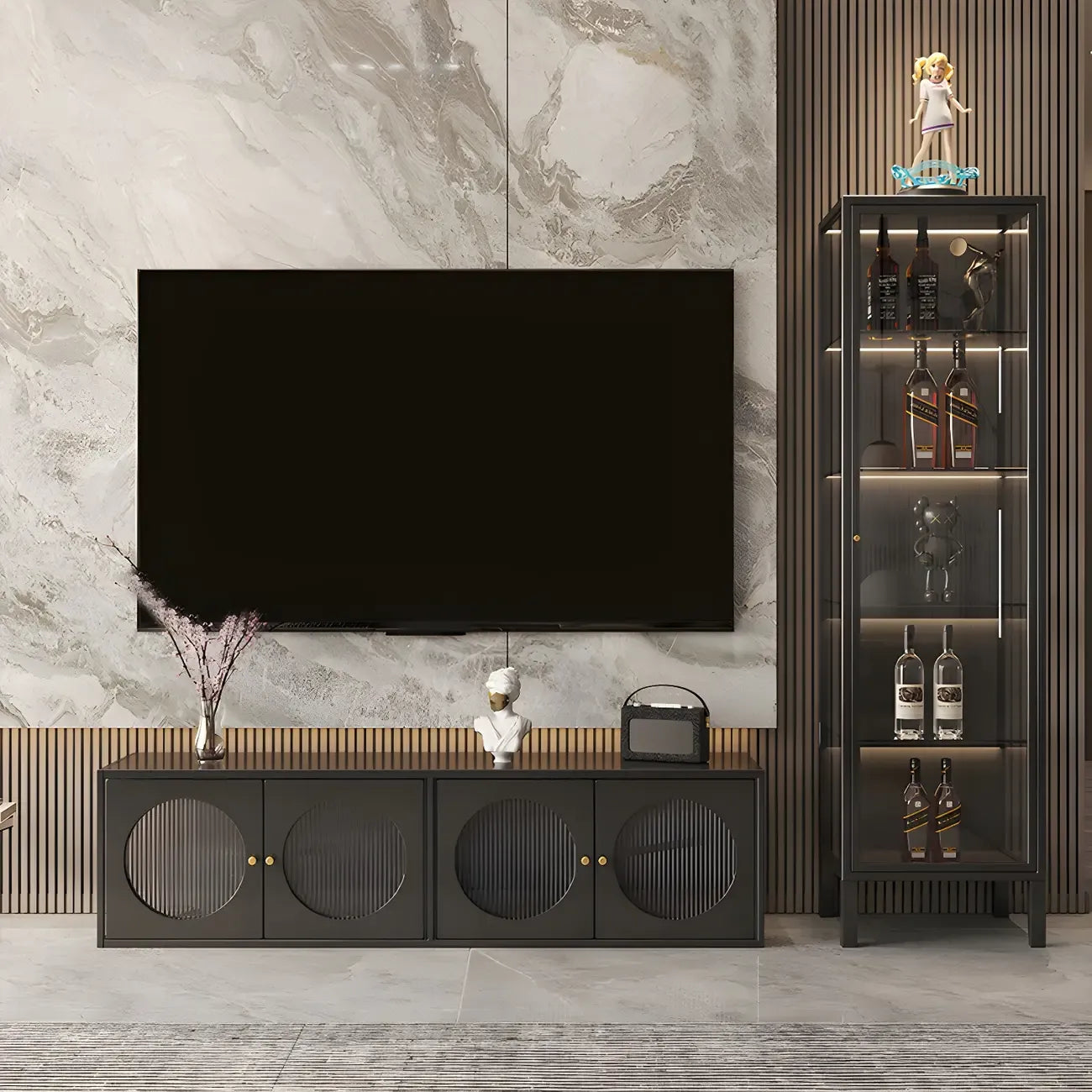 Living Room White Metal Frame Glass Doors Display Cabinet