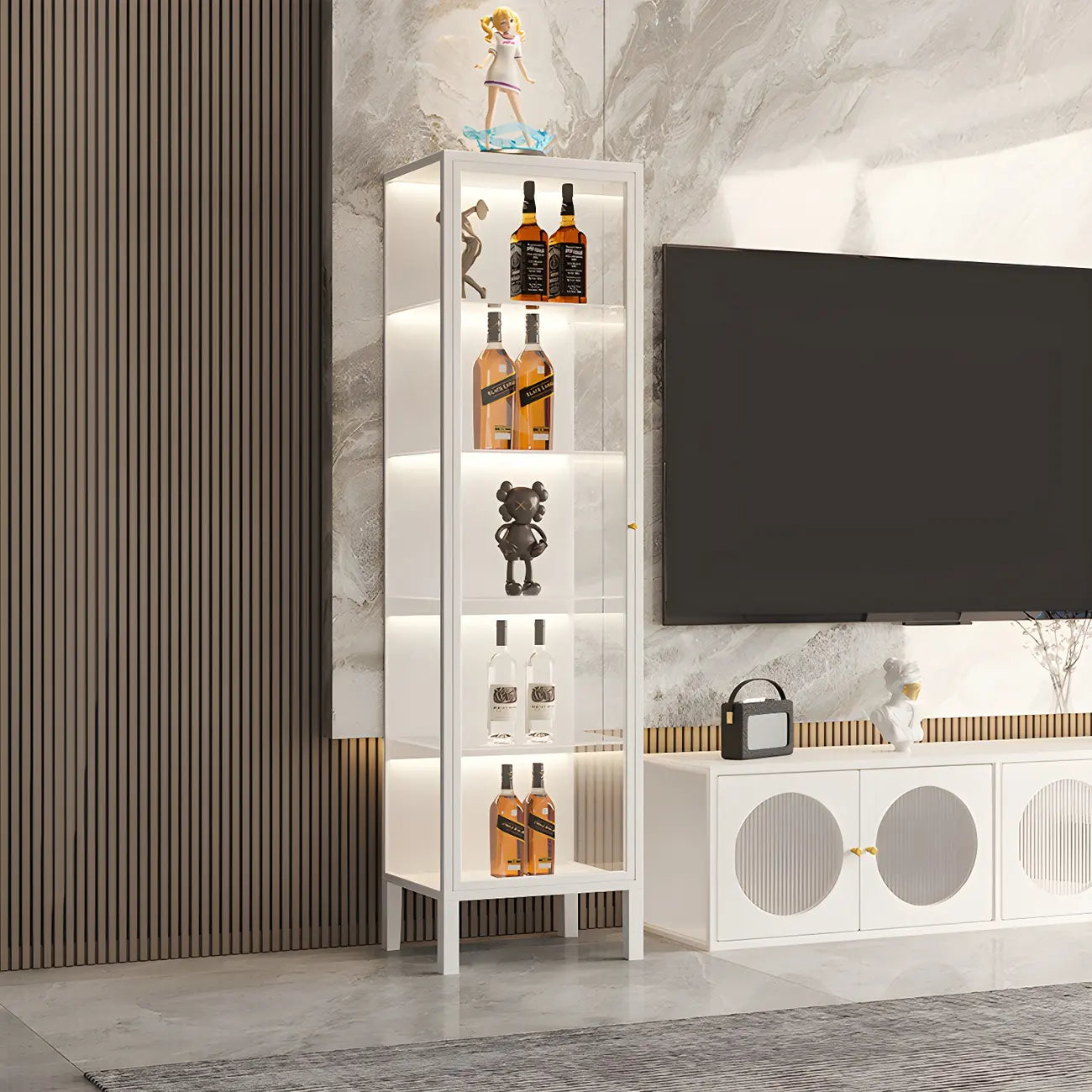 Living Room White Metal Frame Glass Doors Display Cabinet