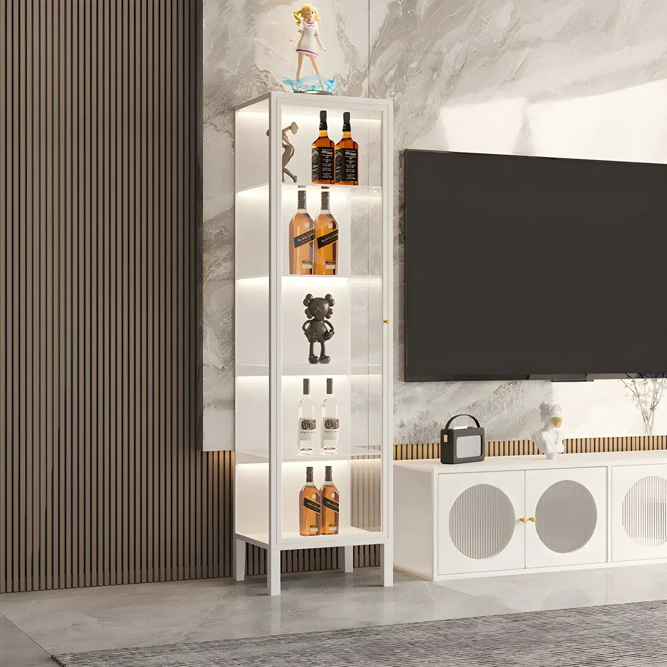 Living Room White Metal Frame Glass Doors Display Cabinet